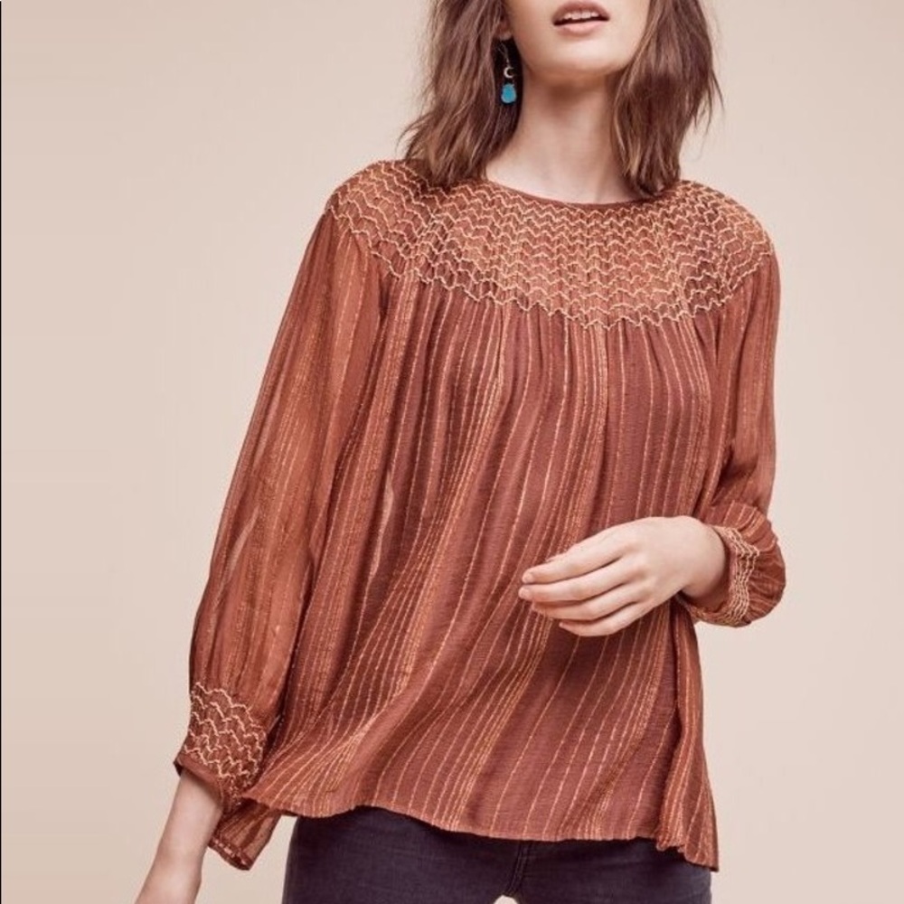 anthro | love sam bresle peasant top terra cotta metallic gold s